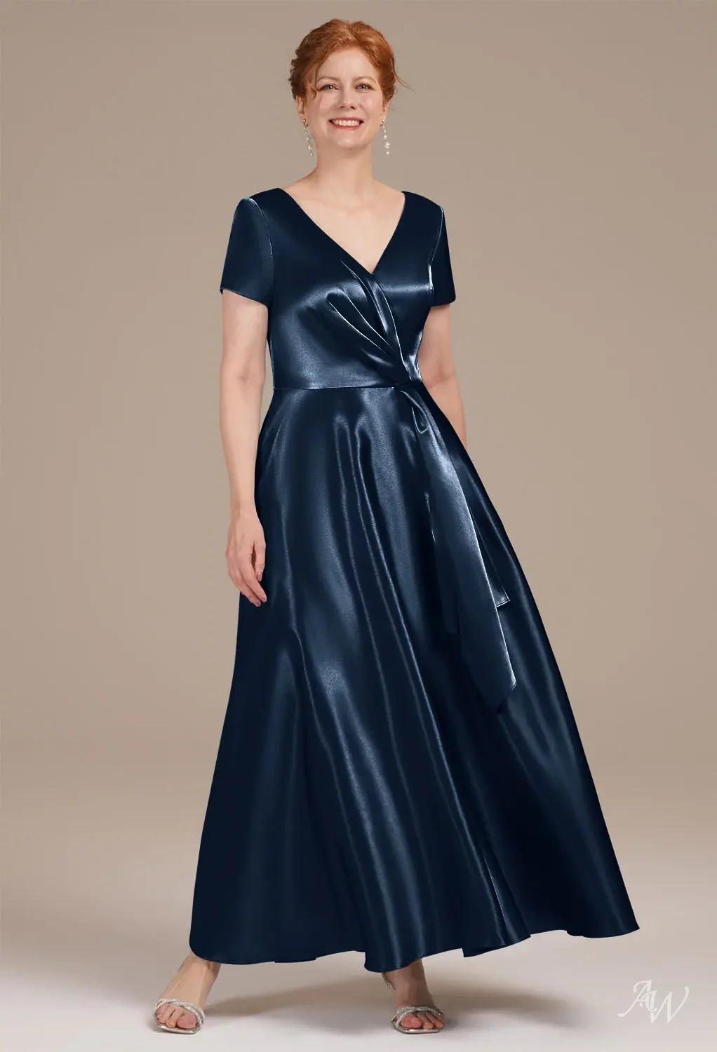 AW Omukama Dress, Dusty Blue Crystal Satin Ankle Length V-Neck